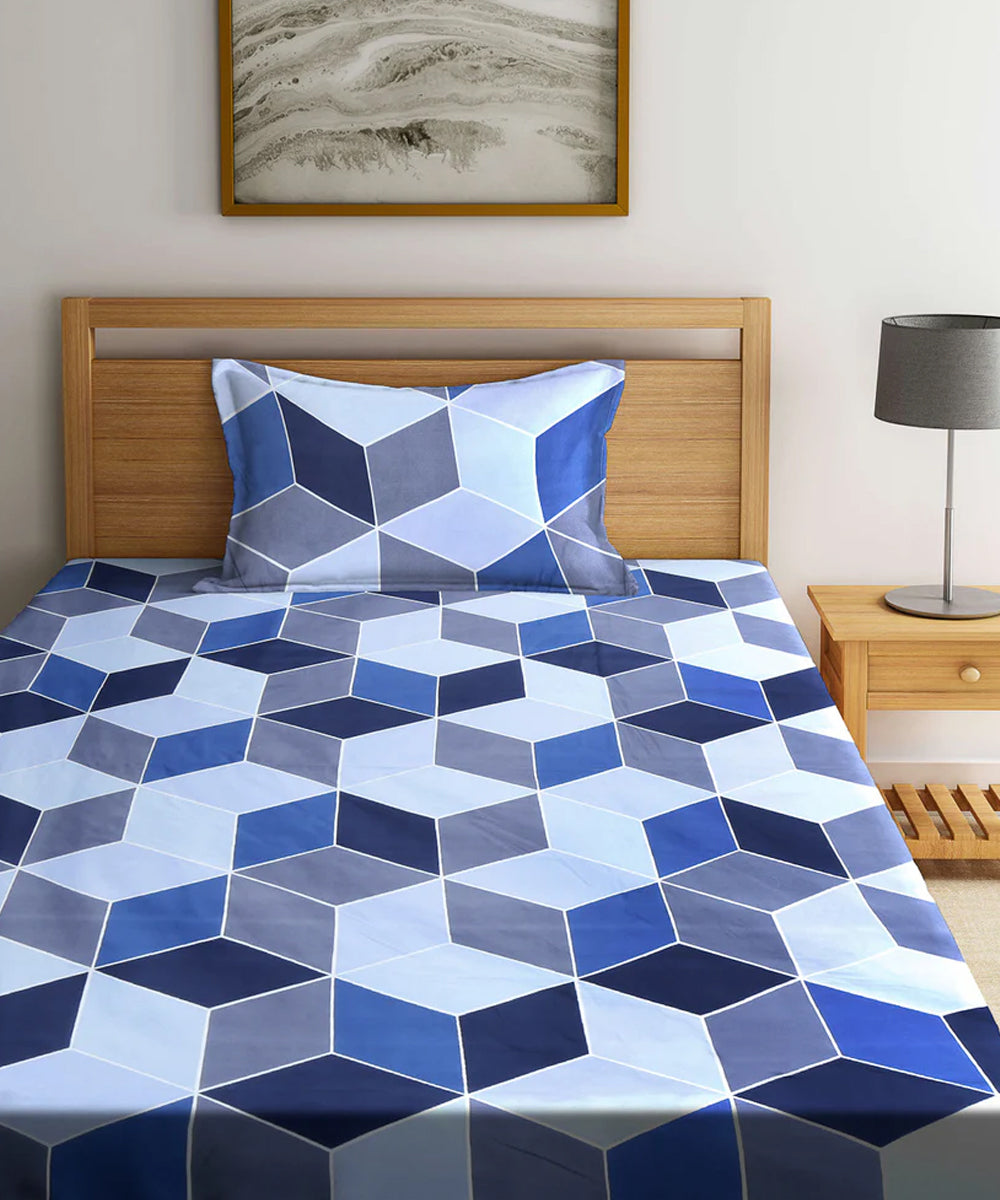 Rhombus Blue Single Bedsheet With 1 Pillow Cover