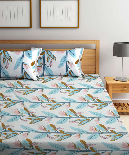 Green and Beige Floral Queen Fitted Bedsheet With 2 Pillow Covers