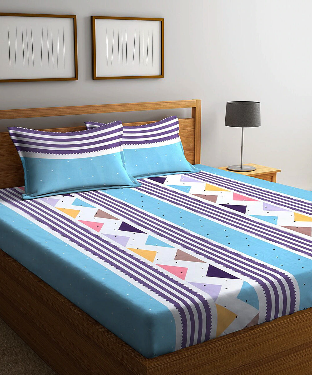 Blue Geometric Double Bedsheet With 2 Pillow Cover