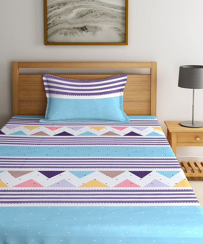 Blue Geometric Single Fitted Bedsheet With 1 Pillow Cover