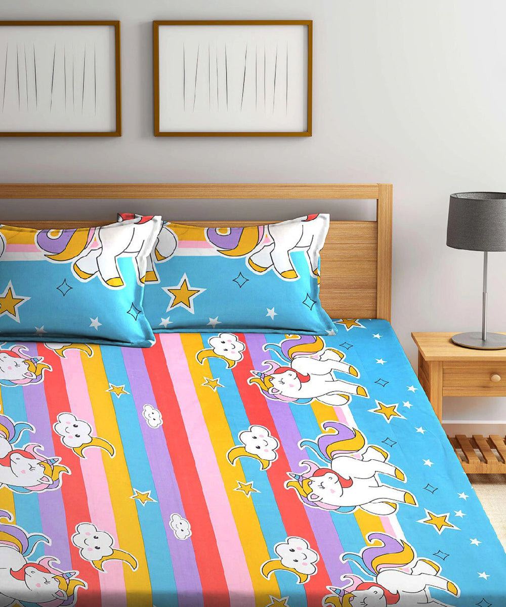 Unicorn Print King Fitted Bedsheet With 2 Pillow Covers