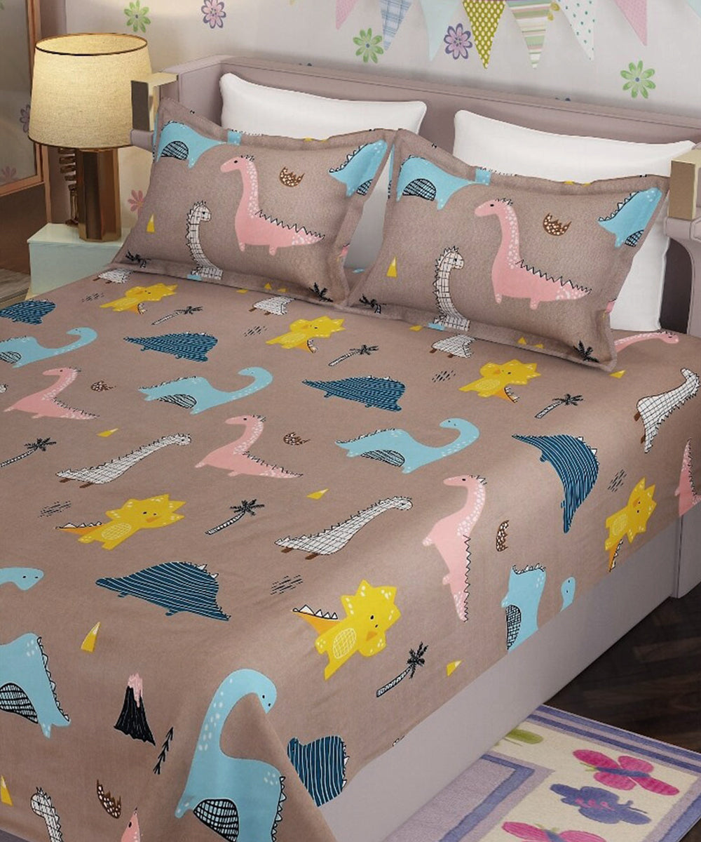 Cute Dinosaur King Size Bedsheet With 2 Pillow Cover