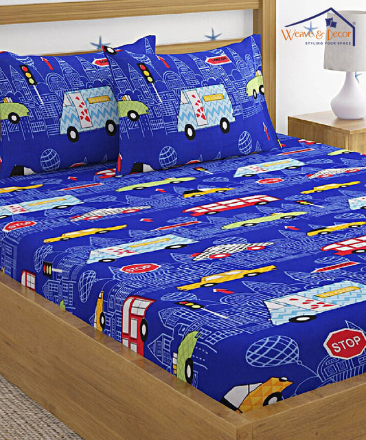 Blue Car King Size Bedsheet With 2 Pillow Covers