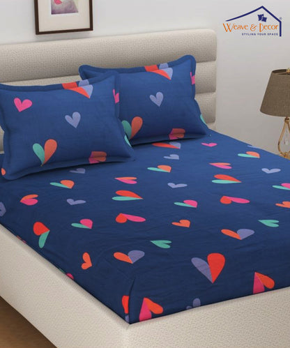 Blue Hearts Super King Fitted Bedsheet With 2 Pillow Covers