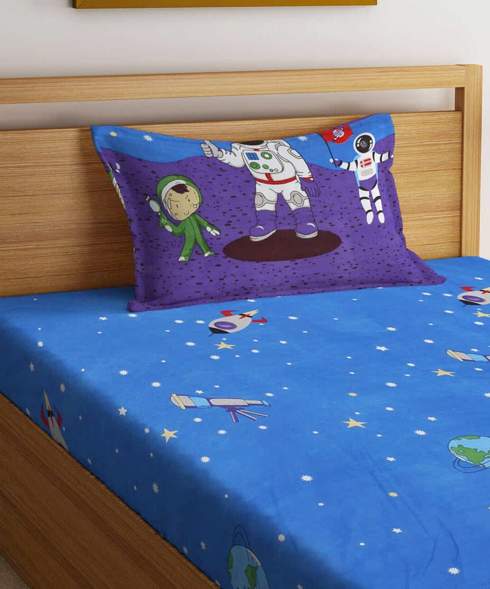 Space Printed Kids Single Fitted Bedsheet With 1 Pillow Cover