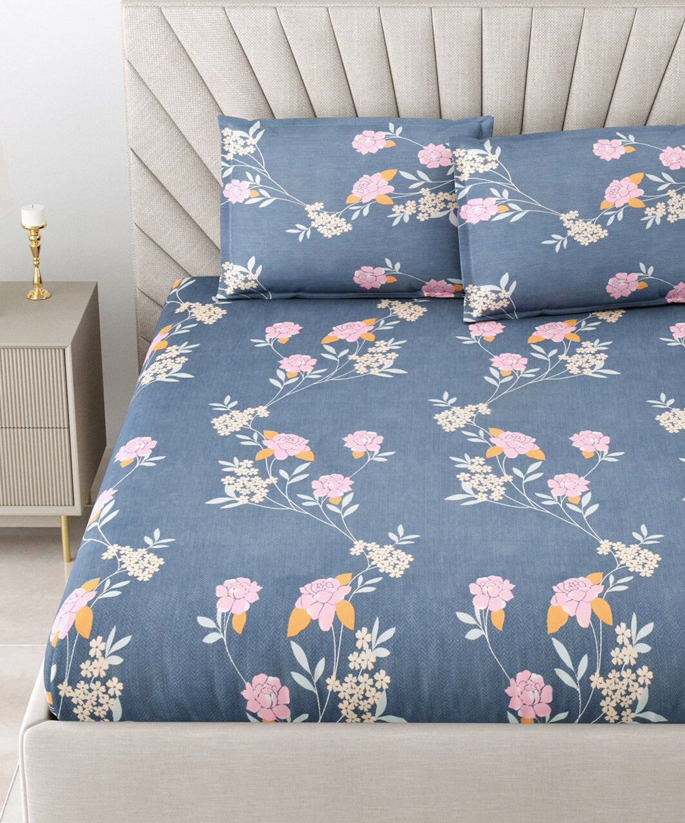 Blue Floral Queen Fitted Bedsheet With 2 Pillow Covers