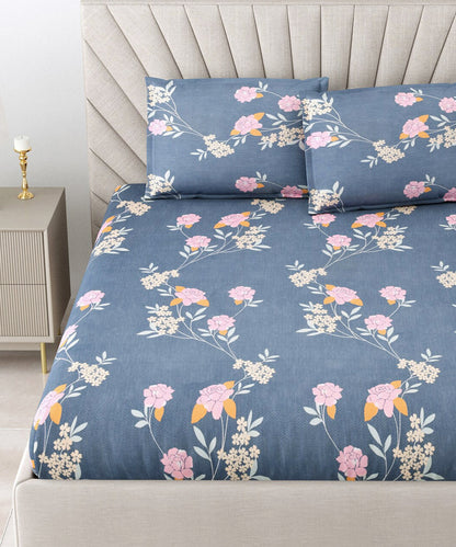 Blue Floral Queen Fitted Bedsheet With 2 Pillow Covers