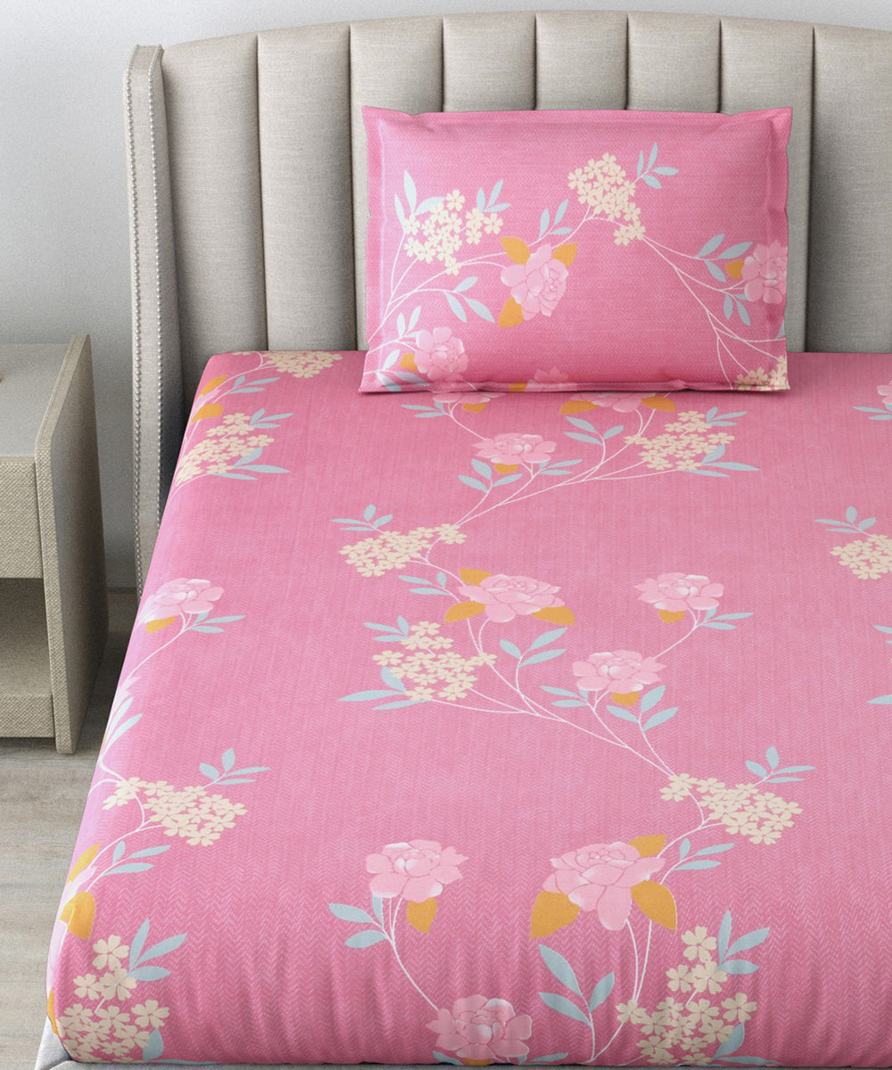 Pink Floral Single Fitted Bedsheet With 1 Pillow Cover