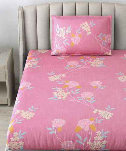 Pink Floral Single Fitted Bedsheet With 1 Pillow Cover
