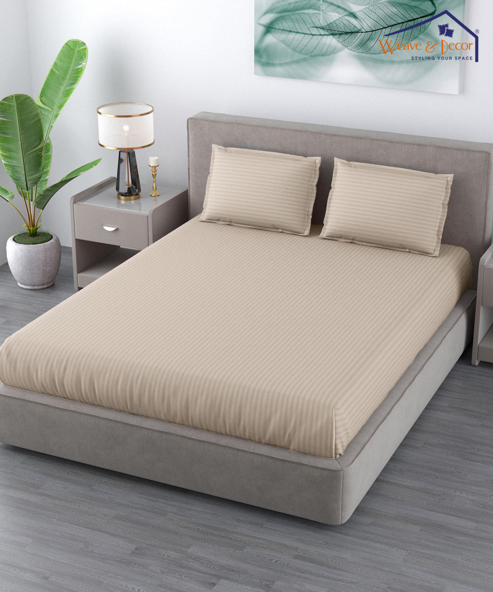 Beige Satin Stripe Flat Double Bedsheet With 2 Pillow Covers