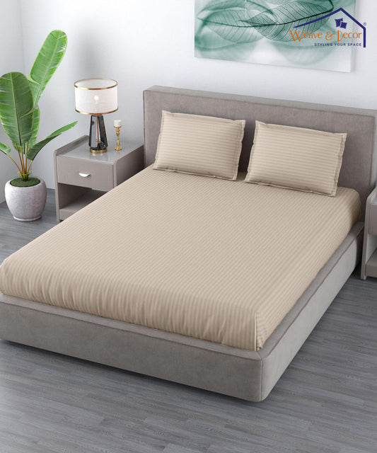 Beige Satin Stripe Flat Double Bedsheet With 2 Pillow Covers