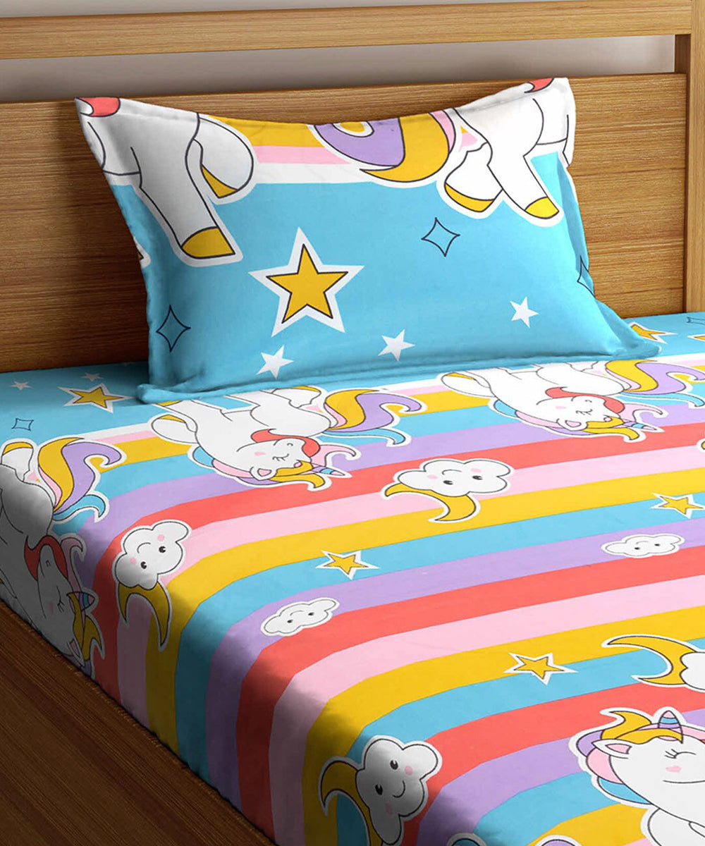 Unicorn Print Single Fitted Bedsheet With 1 Pillow Cover