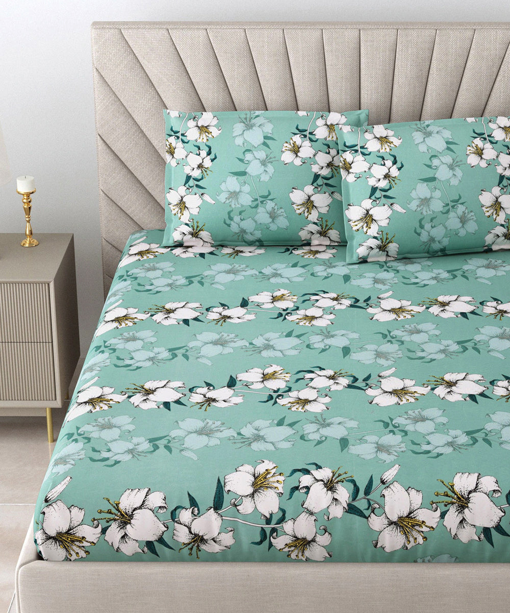 Green Floral Single Bedsheet With 1 Pillow Cover
