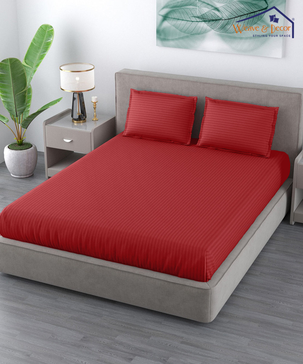 Red Satin Stripe Flat Double Bedsheet With 2 Pillow Covers