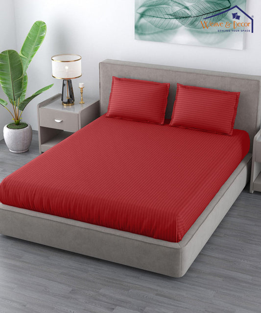 Red Satin Stripe Flat Double Bedsheet With 2 Pillow Covers
