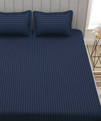 Blue Satin Stripe King Size Bedsheet With 2 Pillow Covers