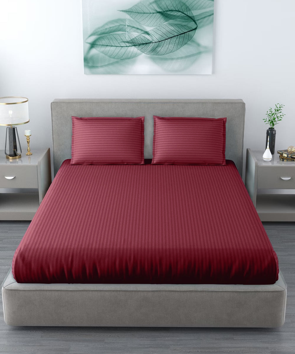 Maroon Satin Stripe Flat Double Bedsheet With 2 Pillow Covers