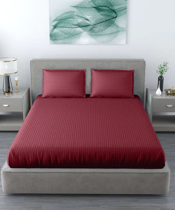 Maroon Satin Stripe Bedsheet with Pillow Cover