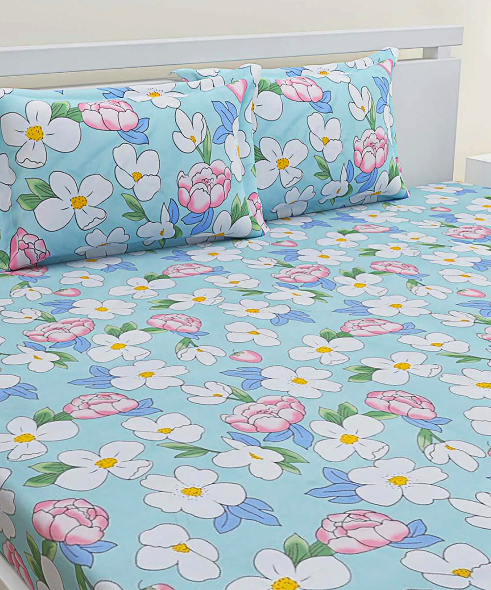 Green Floral Double Bedsheet With 2 Pillow Covers