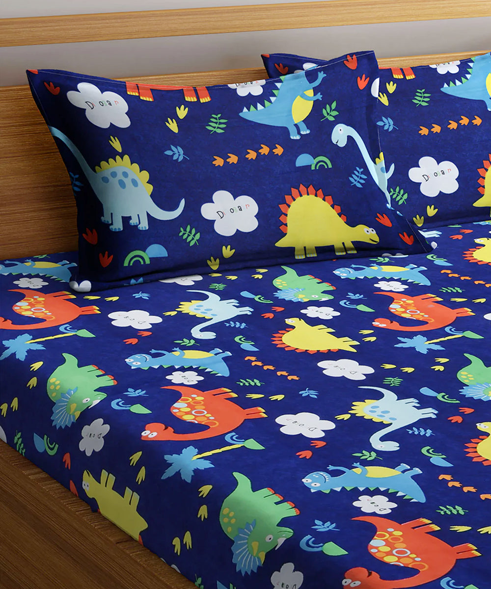 Blue Dinasaur Kids King Size Bedsheet  with 2 Pillow Covers