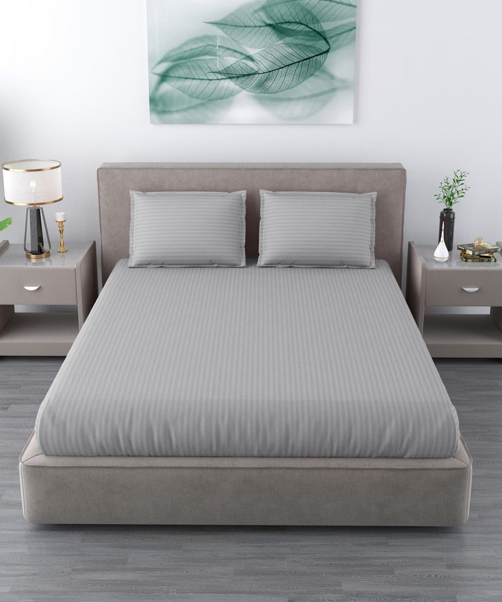 Light Grey Satin Stripe Double Bedsheet With 2 Pillow Covers