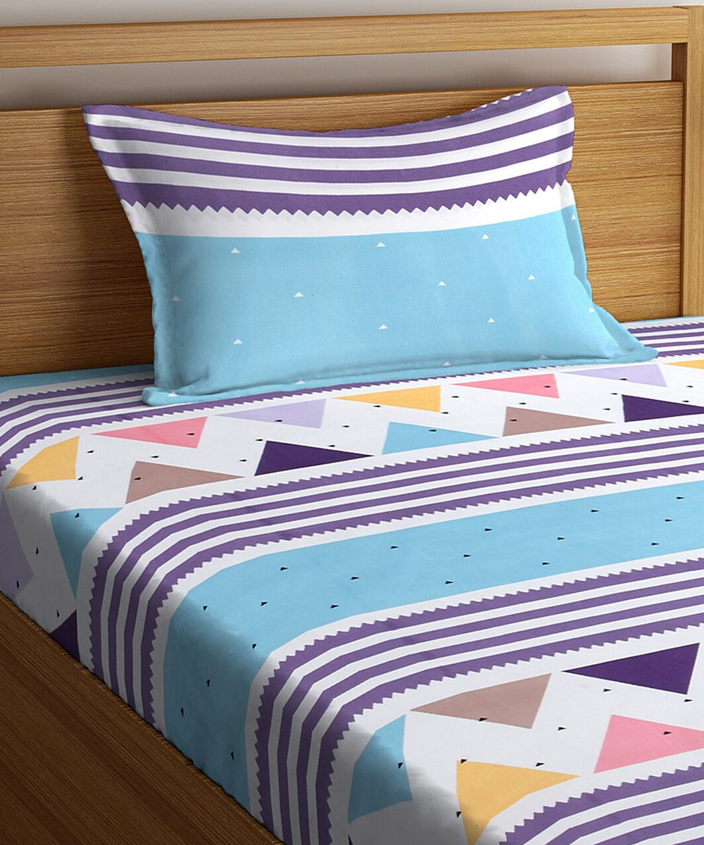 Blue Geometric Single Fitted Bedsheet With 1 Pillow Cover