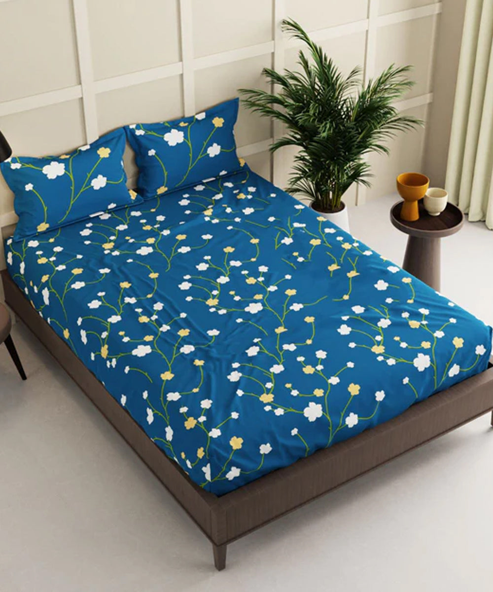 Blue Floral King Fitted Bedsheet With 2 Pillow Covers