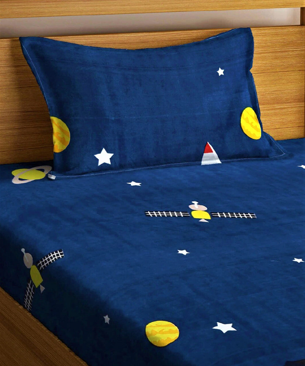 Space Printed Single Fitted Bedsheet With 1 Pillow Cover