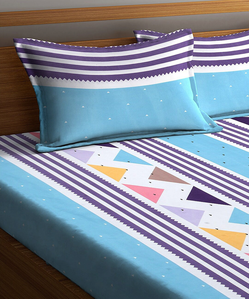 Blue Geometric Queen Fitted Bedsheet With 2 Pillow Covers