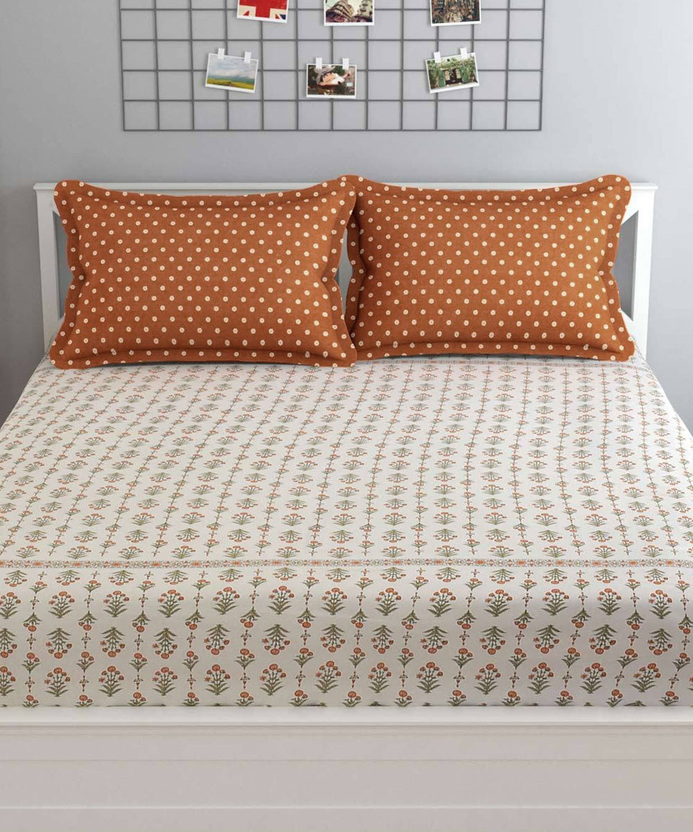 Orange Floral King Size Bedsheet With 2 Pillow Covers