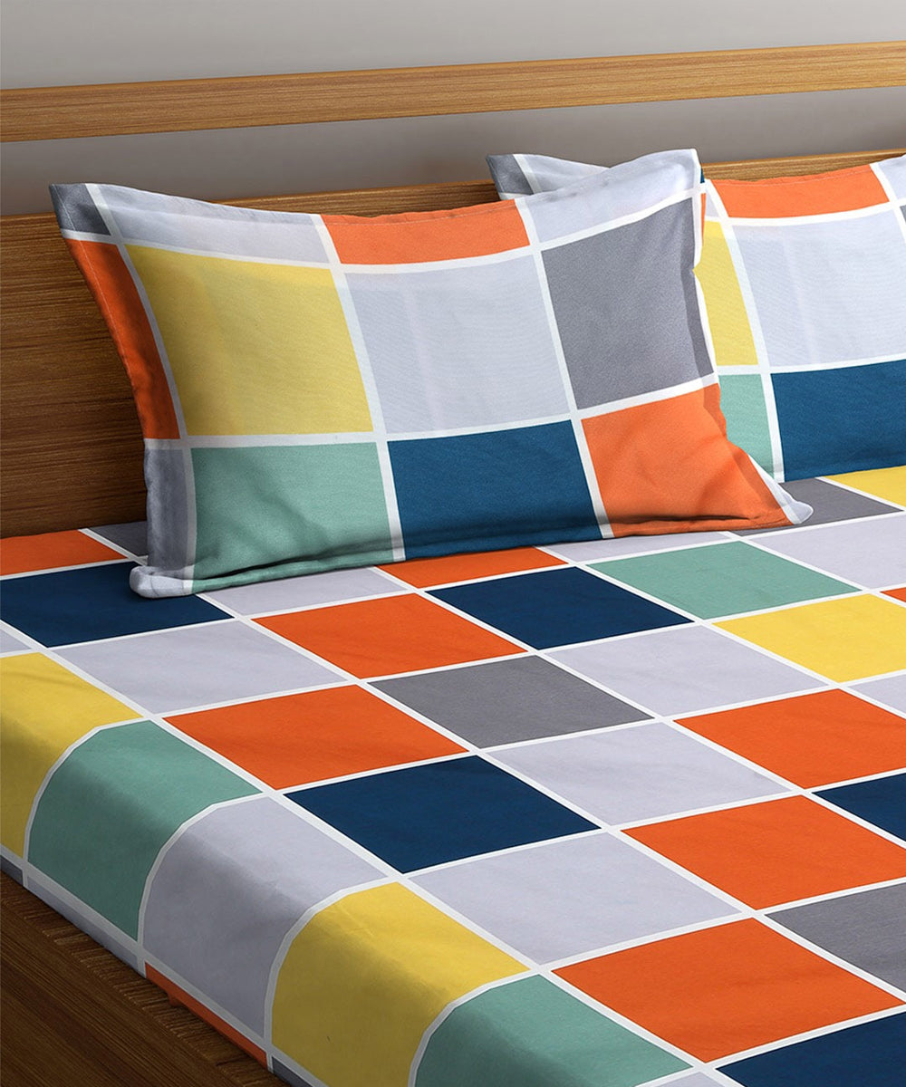Blue Checks King Fitted Bedsheet With 2 Pillow Covers