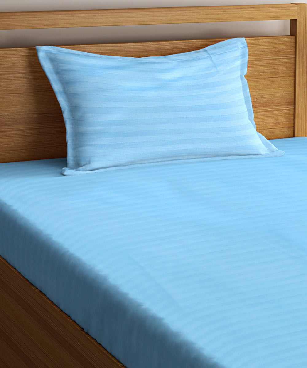 Sky Satin Stripe Single Bedsheet With 1 Pillow Cover