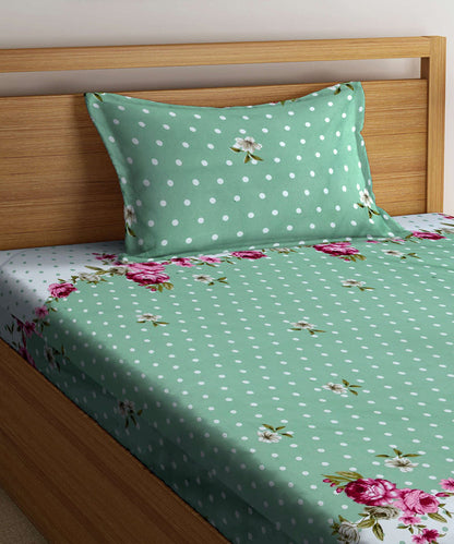 Green & White Floral Single Bedsheet With 1 Pillow Cover