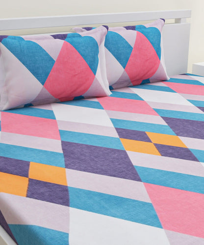 Multicoloured Squares King Size Bedsheet with 2 Pillow Covers