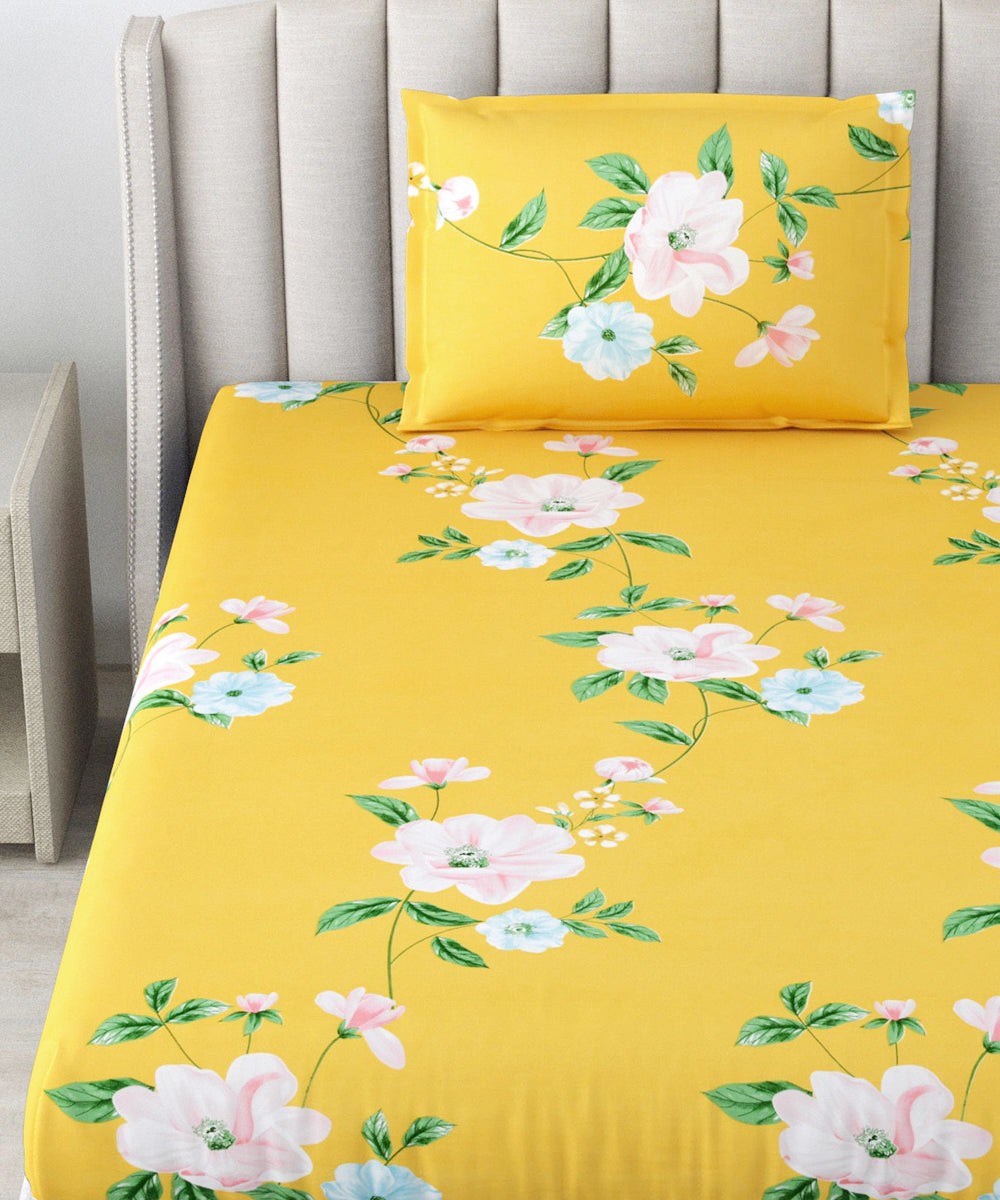 Yellow Floral Single Fitted Bedsheet With 1 Pillow Cover