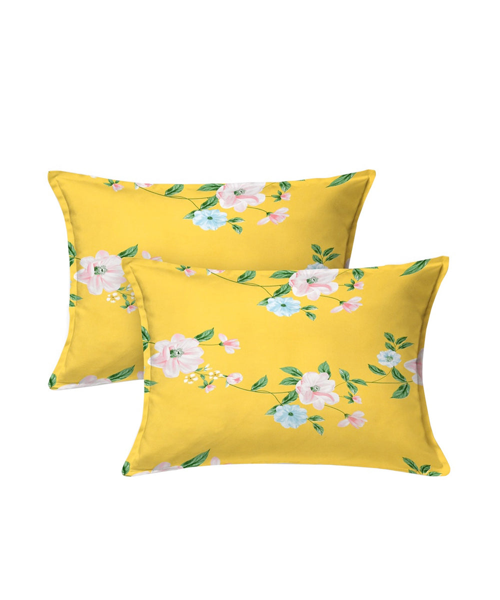 Yellow Floral Super King Fitted Bedsheet With 2 Pillow Covers