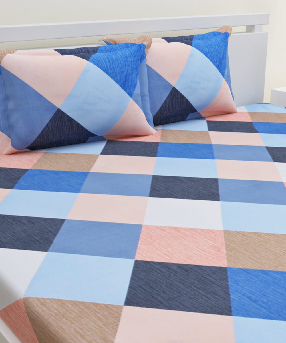 Multi Color Checks King Size Bedsheet With 2 Pillow Cover