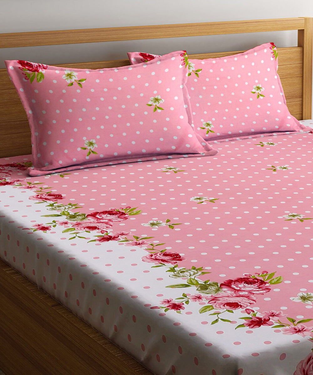 Pink & White Floral Queen Fitted Bedsheet With 2 Pillow Covers