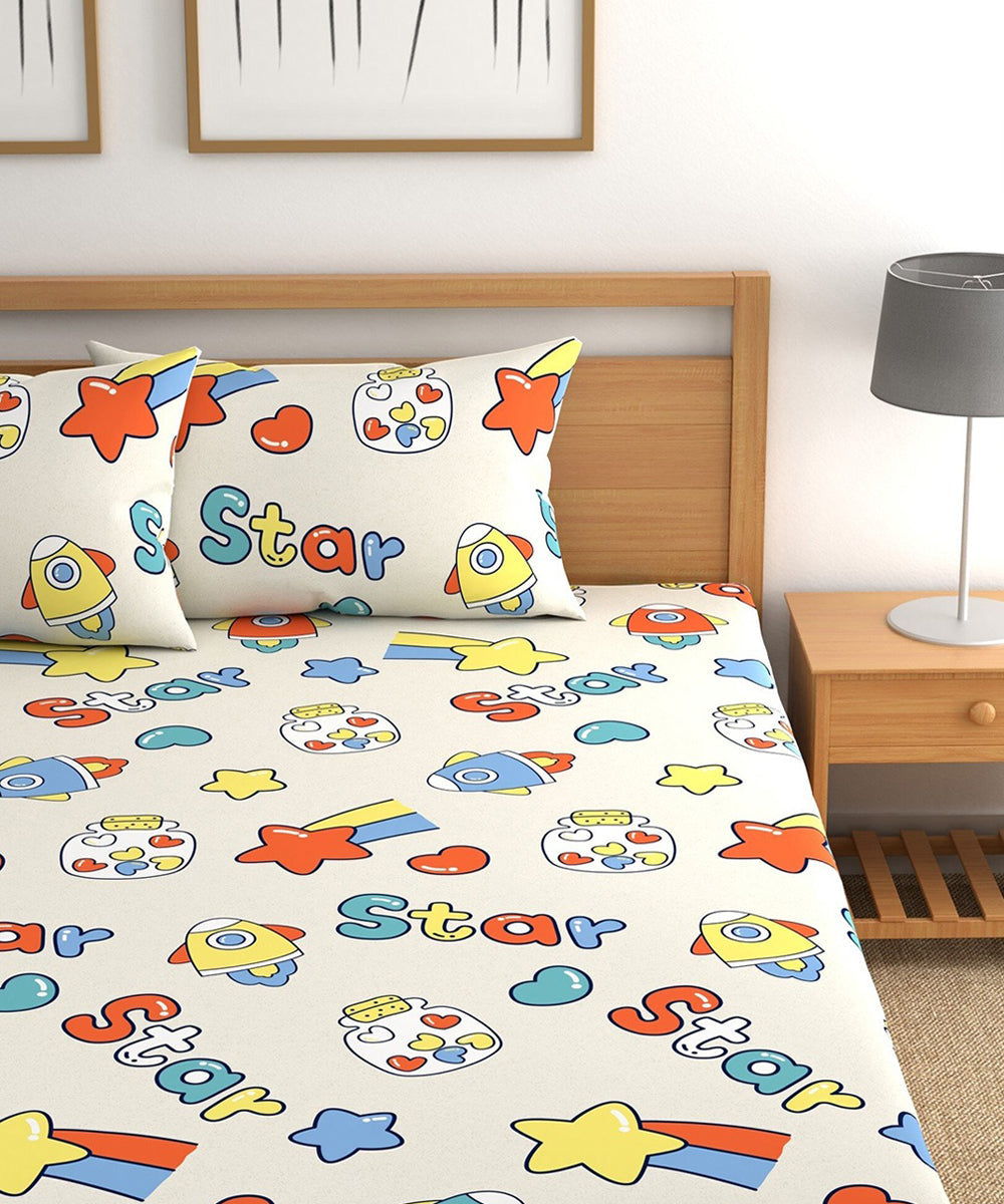 Star Kids Flat Double Bedsheet With 2 Pillow Cover
