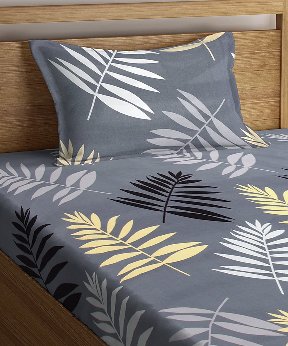 Grey Floral Single Fitted Bedsheet With 1 Pillow Cover