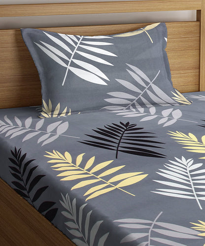 Grey Floral Single Fitted Bedsheet With 1 Pillow Cover