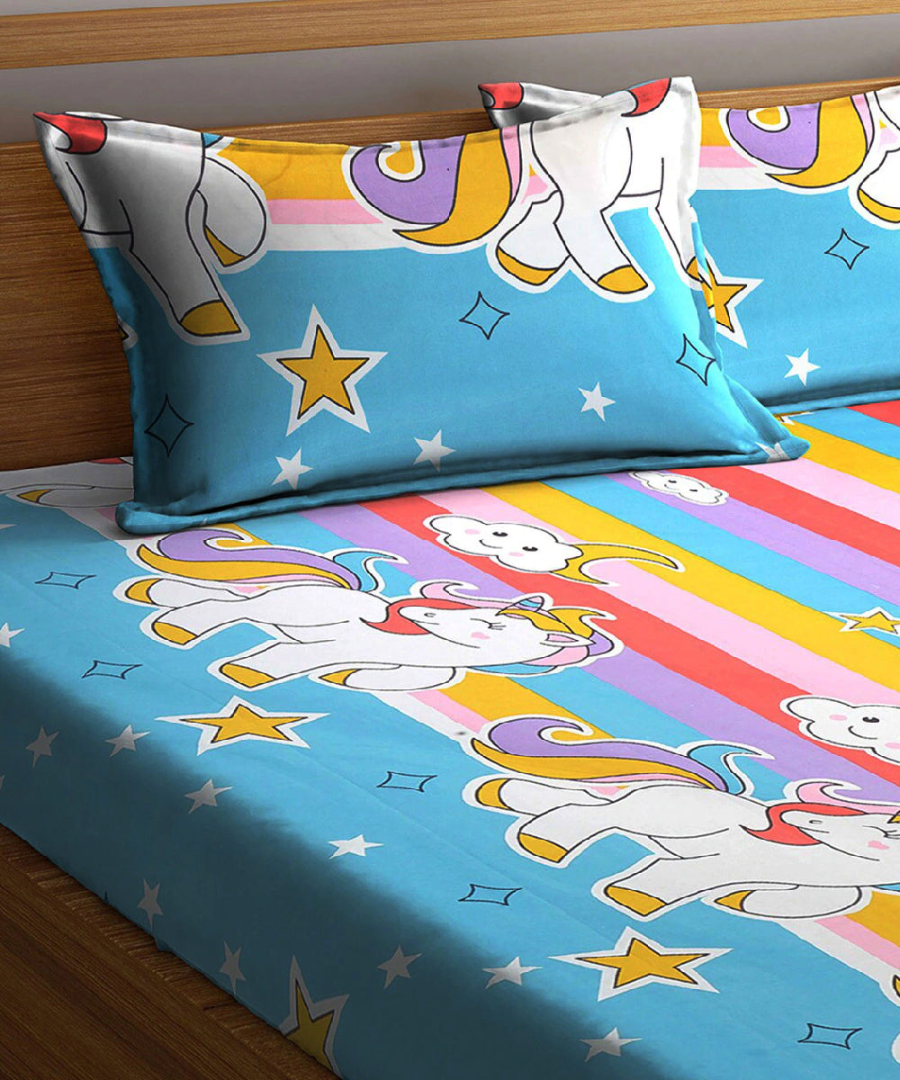 Unicorn Print King Size Bedsheet with 2 Pillow Covers