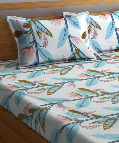 Green and Beige Floral Super King Fitted Bedsheet With 2 Pillow Covers