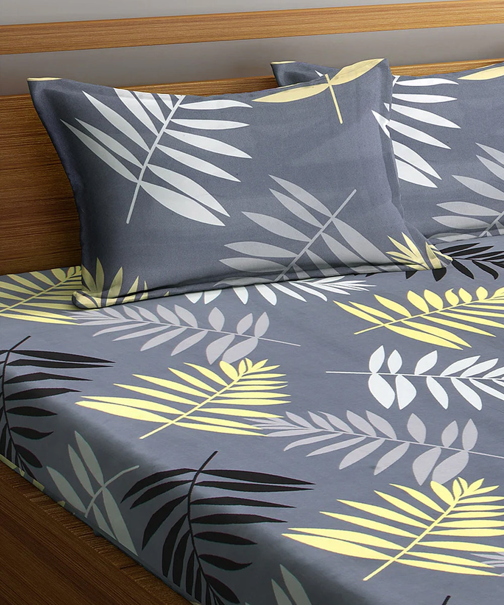 Grey Floral Queen Fitted Bedsheet With 2 Pillow Covers