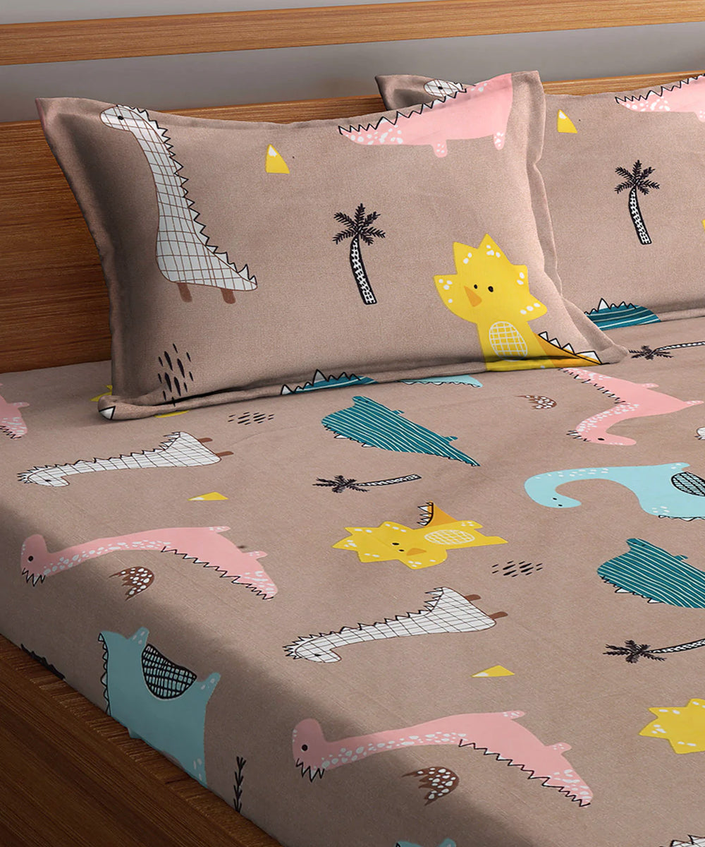 Cute Dinosaur Queen Fitted Bedsheet With 2 Pillow Covers