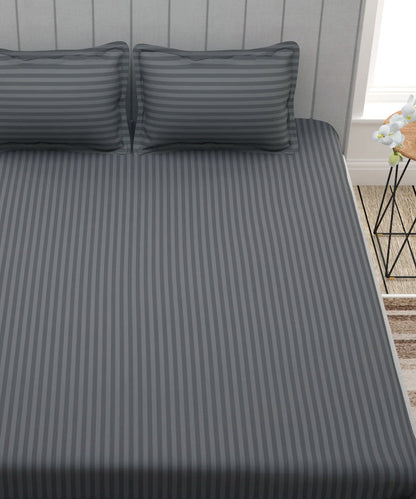 Grey Satin Stripe Double Bedsheet With 2 Pillow Covers