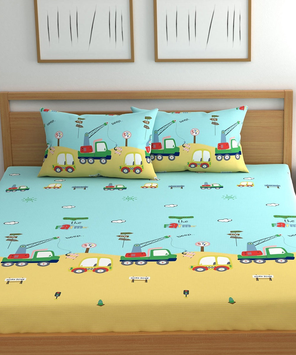 Cars Kids King Size Bedsheet with 2 Pillow Covers