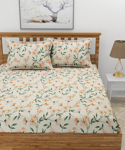 Off-White Floral King Fitted Bedsheet With 2 Pillow Covers