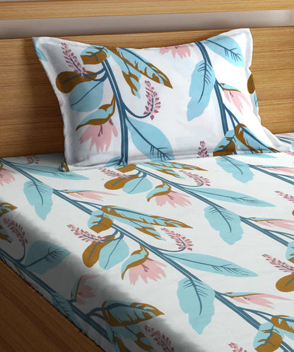 Green and Beige Floral Single Bedsheet With 1 Pillow Cover
