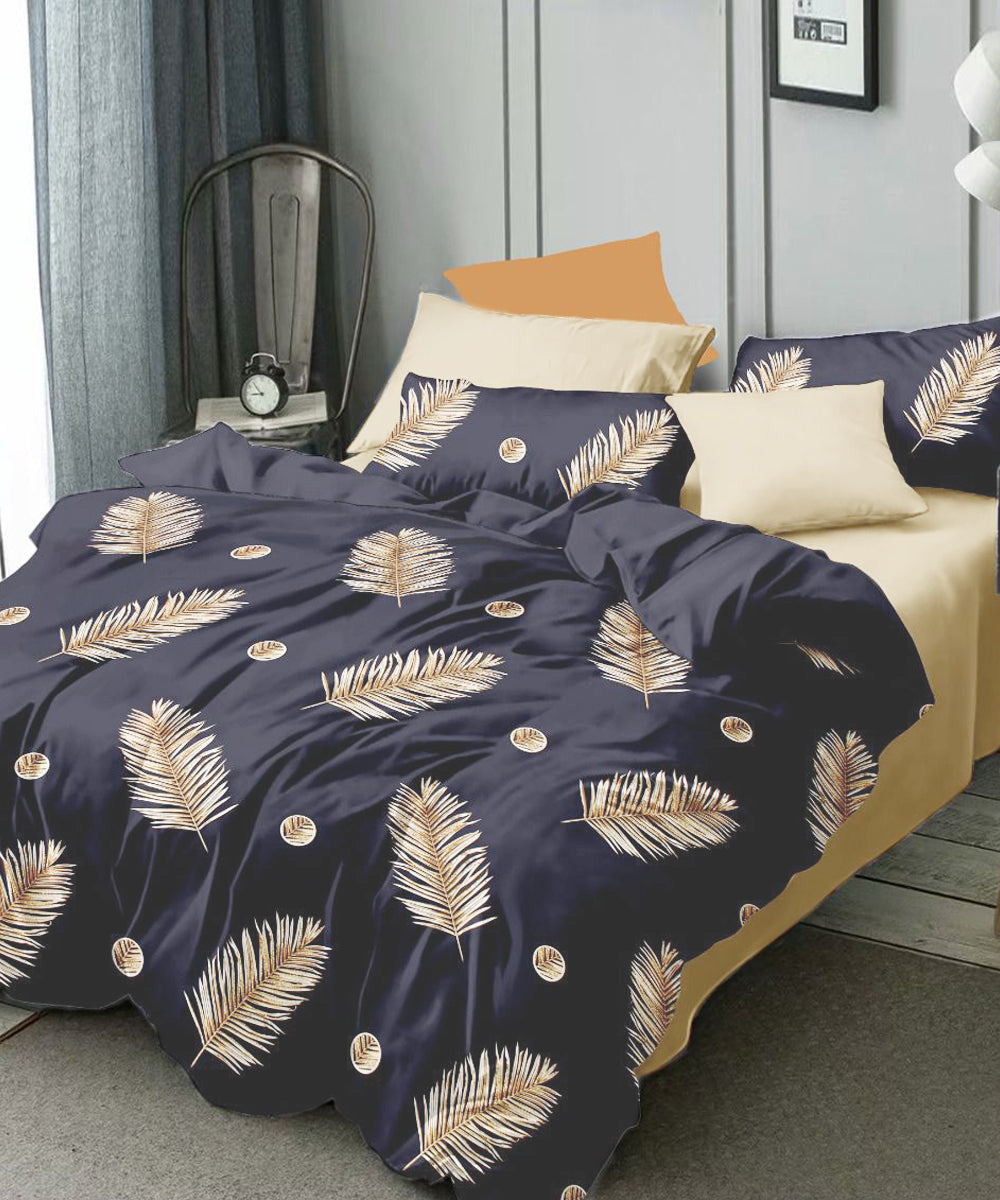 Dark Grey Leaves Double Bedsheet With 2 Pillow Cover